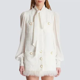 Trend4us Elegant Tweed Feather Trim Bow Blouse Dress