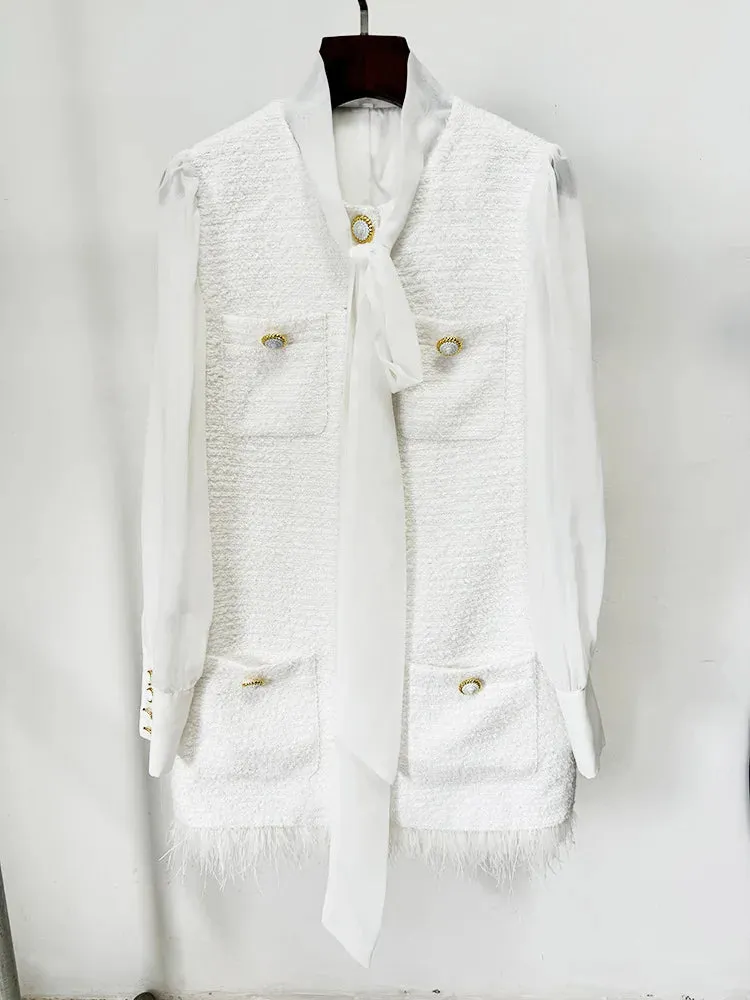 Trend4us Elegant Tweed Feather Trim Bow Blouse Dress