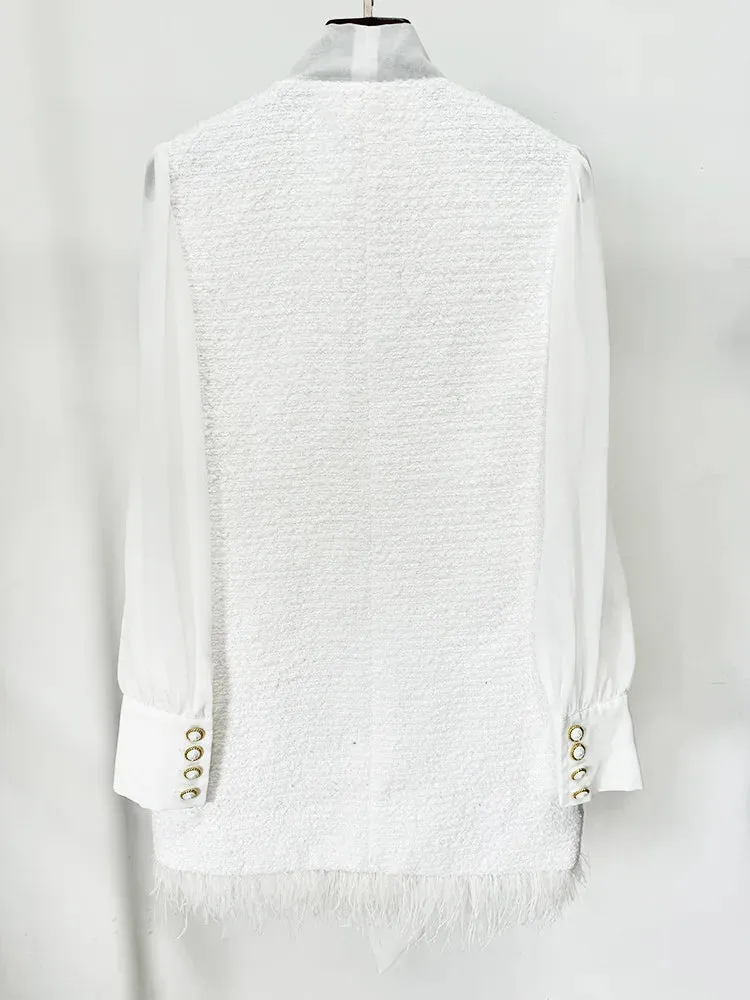 Trend4us Elegant Tweed Feather Trim Bow Blouse Dress