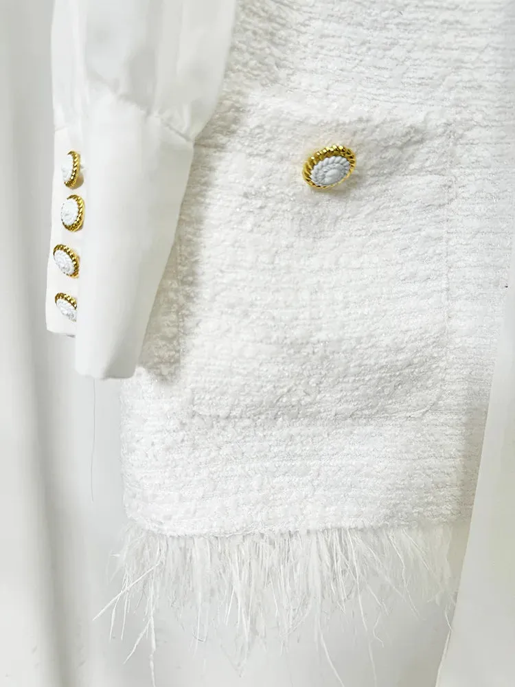 Trend4us Elegant Tweed Feather Trim Bow Blouse Dress