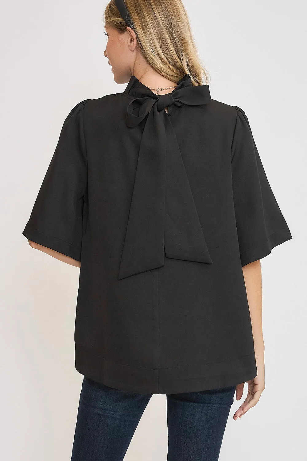Umgee Bow Tie Back Mock Neck Half Sleeve Blouse in Black