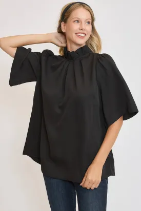 Umgee Bow Tie Back Mock Neck Half Sleeve Blouse in Black