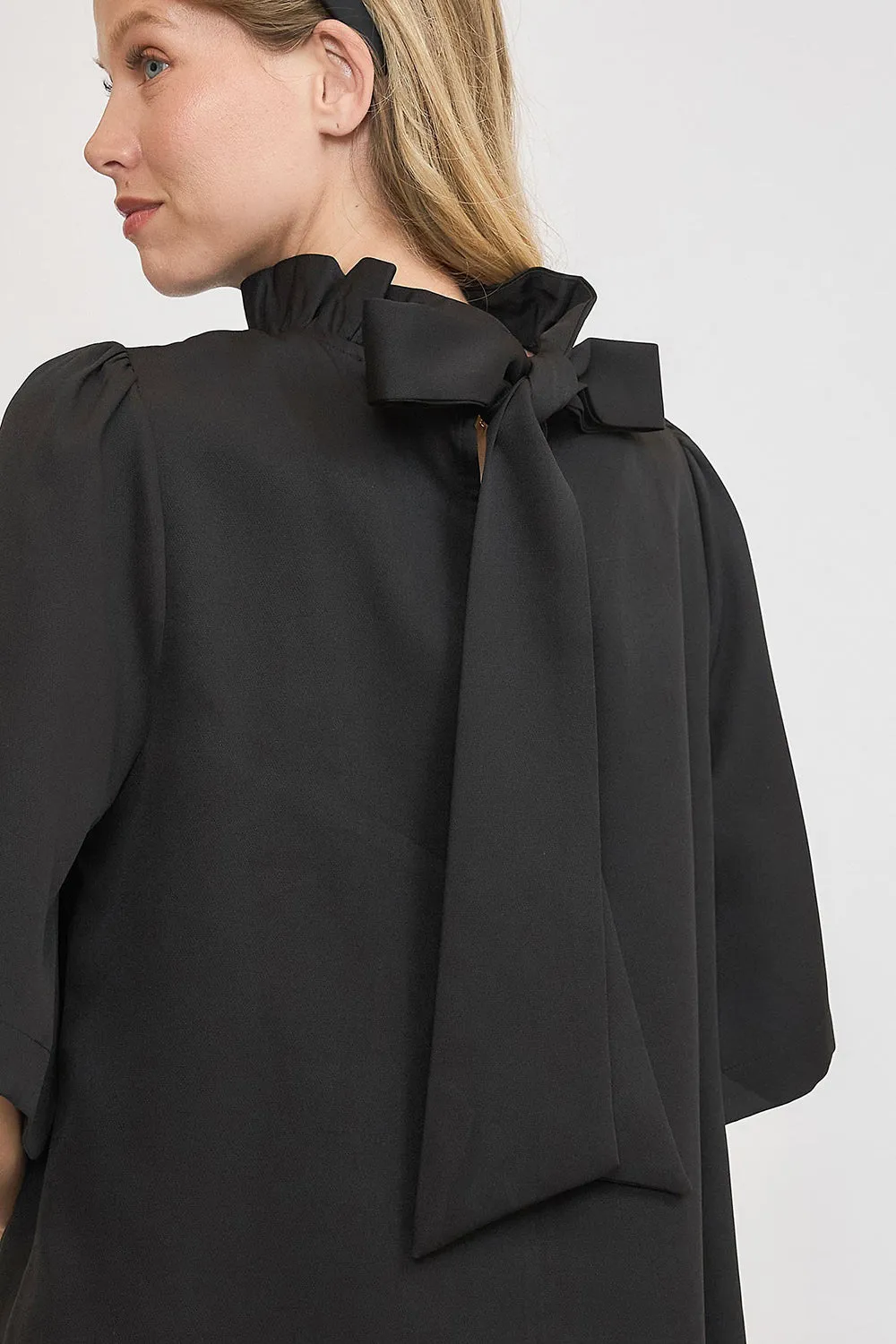 Umgee Bow Tie Back Mock Neck Half Sleeve Blouse in Black