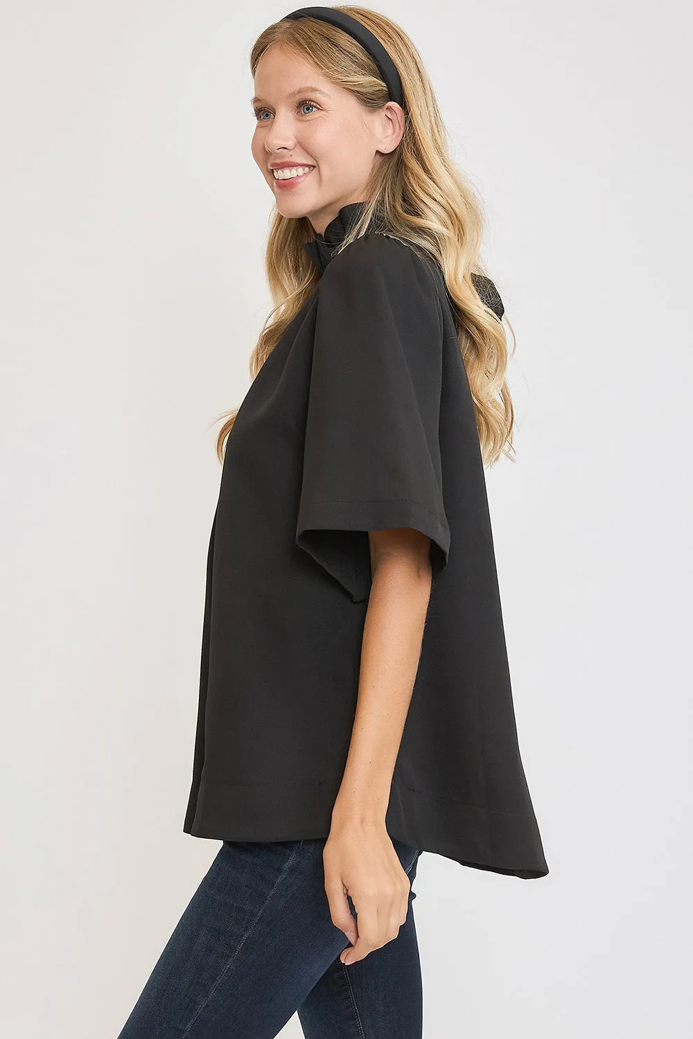 Umgee Bow Tie Back Mock Neck Half Sleeve Blouse in Black