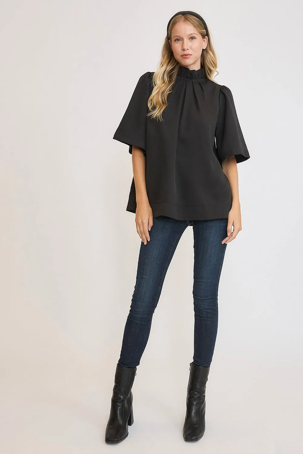 Umgee Bow Tie Back Mock Neck Half Sleeve Blouse in Black