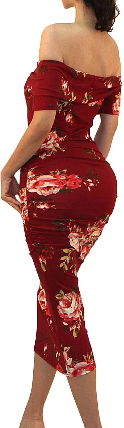 Vivicastle Women's USA Off Shoulder Ruffle Bodycon Fitted Midi Dress