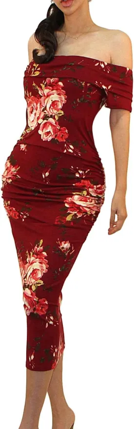 Vivicastle Women's USA Off Shoulder Ruffle Bodycon Fitted Midi Dress