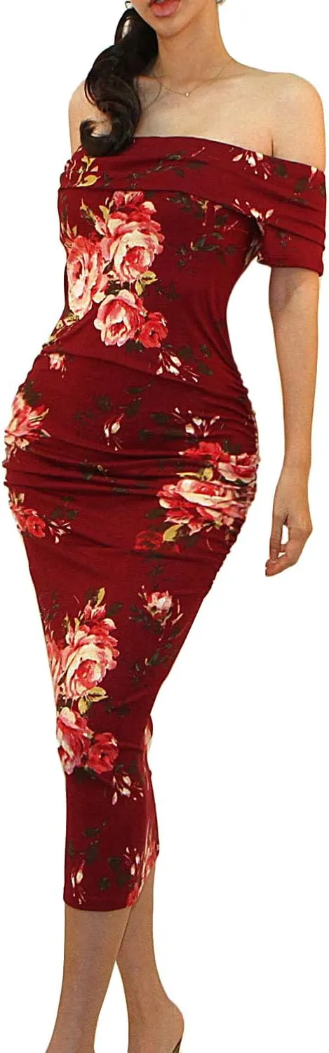 Vivicastle Women's USA Off Shoulder Ruffle Bodycon Fitted Midi Dress