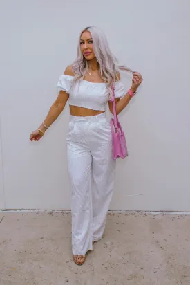 White Off The Shoulder Textured Puff Sleeve Crop Top