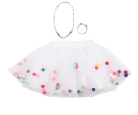White Tutu For Girls | Pom Pom Tutu With Necklace and Bracelet Accessory | 3Pcs Set