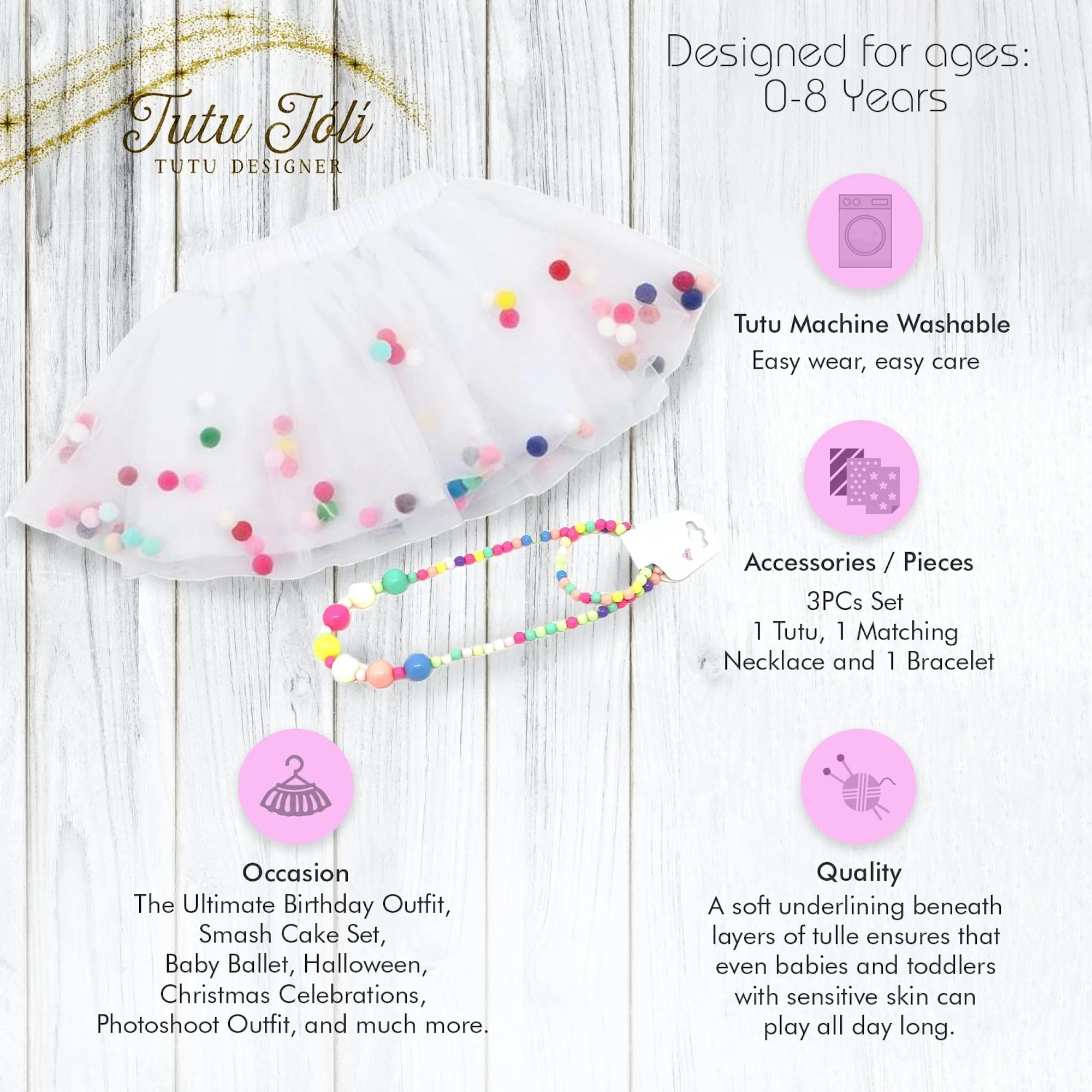 White Tutu For Girls | Pom Pom Tutu With Necklace and Bracelet Accessory | 3Pcs Set