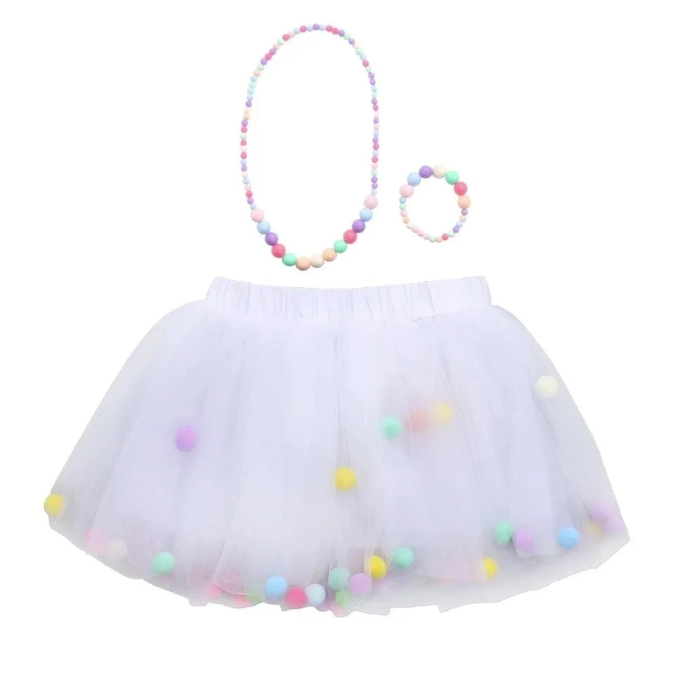 White Tutu For Girls | Pom Pom Tutu With Necklace and Bracelet Accessory | 3Pcs Set