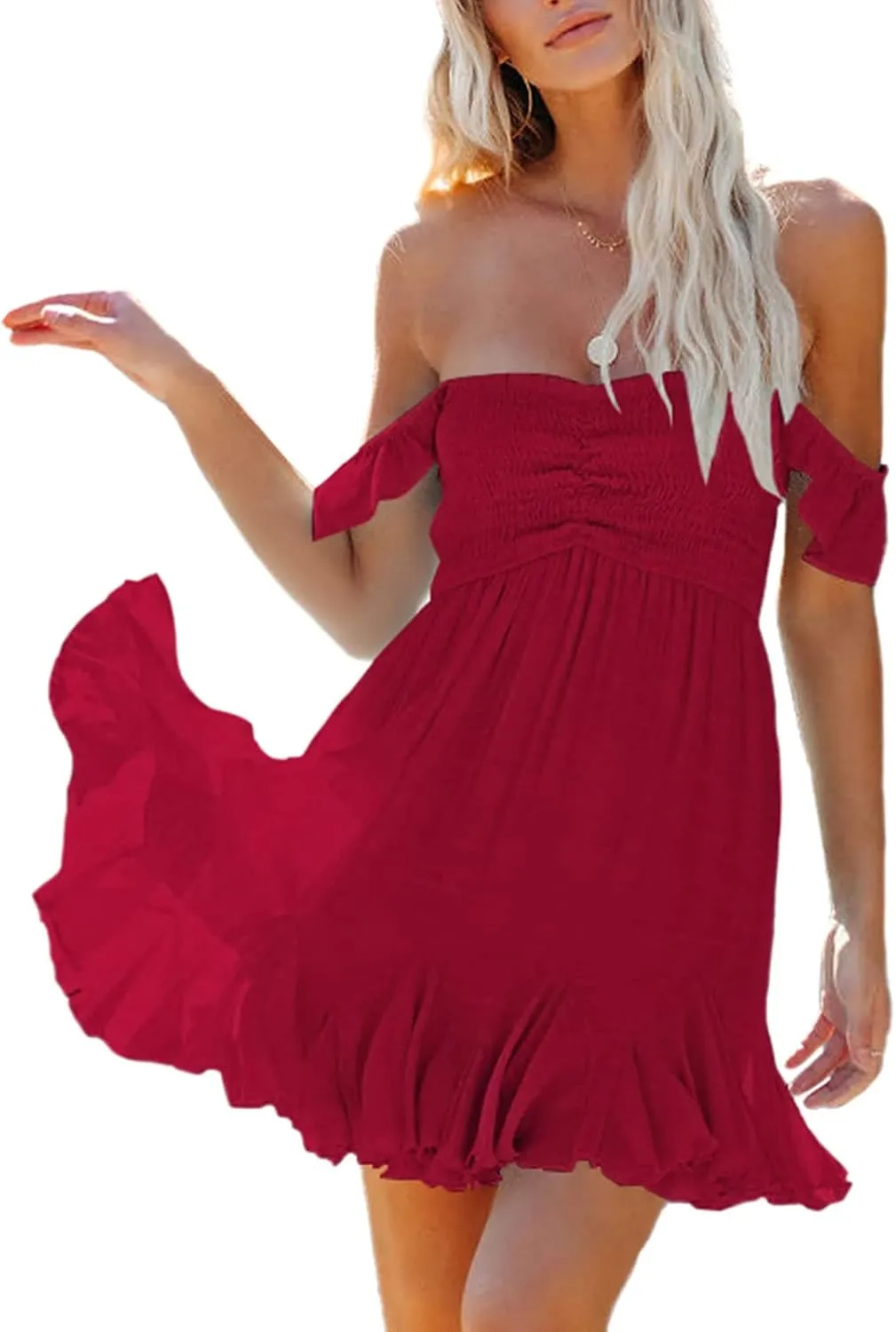 Women Off Shoulder Smocked Mini Dress Sweethear Neck Elastic Straps Ruffle Hem Sundress Ruched Backless Flowy Dress