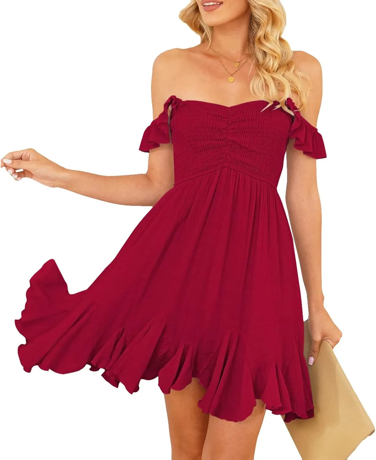 Women Off Shoulder Smocked Mini Dress Sweethear Neck Elastic Straps Ruffle Hem Sundress Ruched Backless Flowy Dress