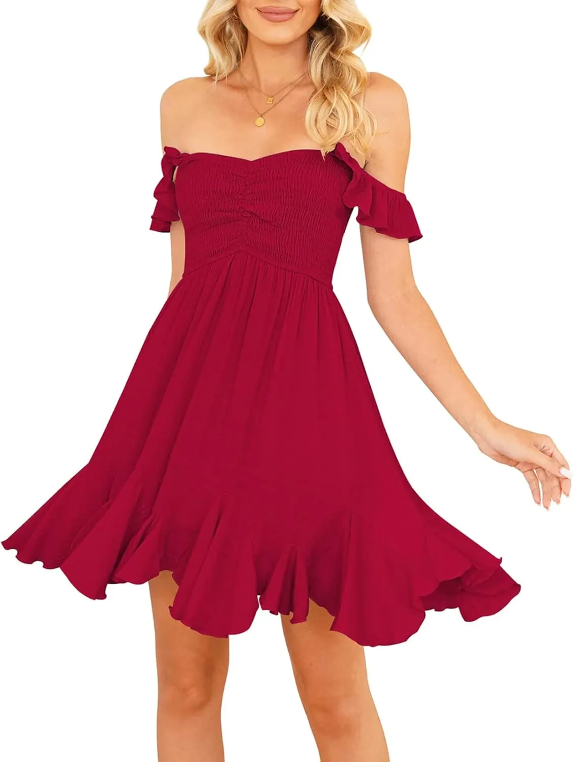 Women Off Shoulder Smocked Mini Dress Sweethear Neck Elastic Straps Ruffle Hem Sundress Ruched Backless Flowy Dress