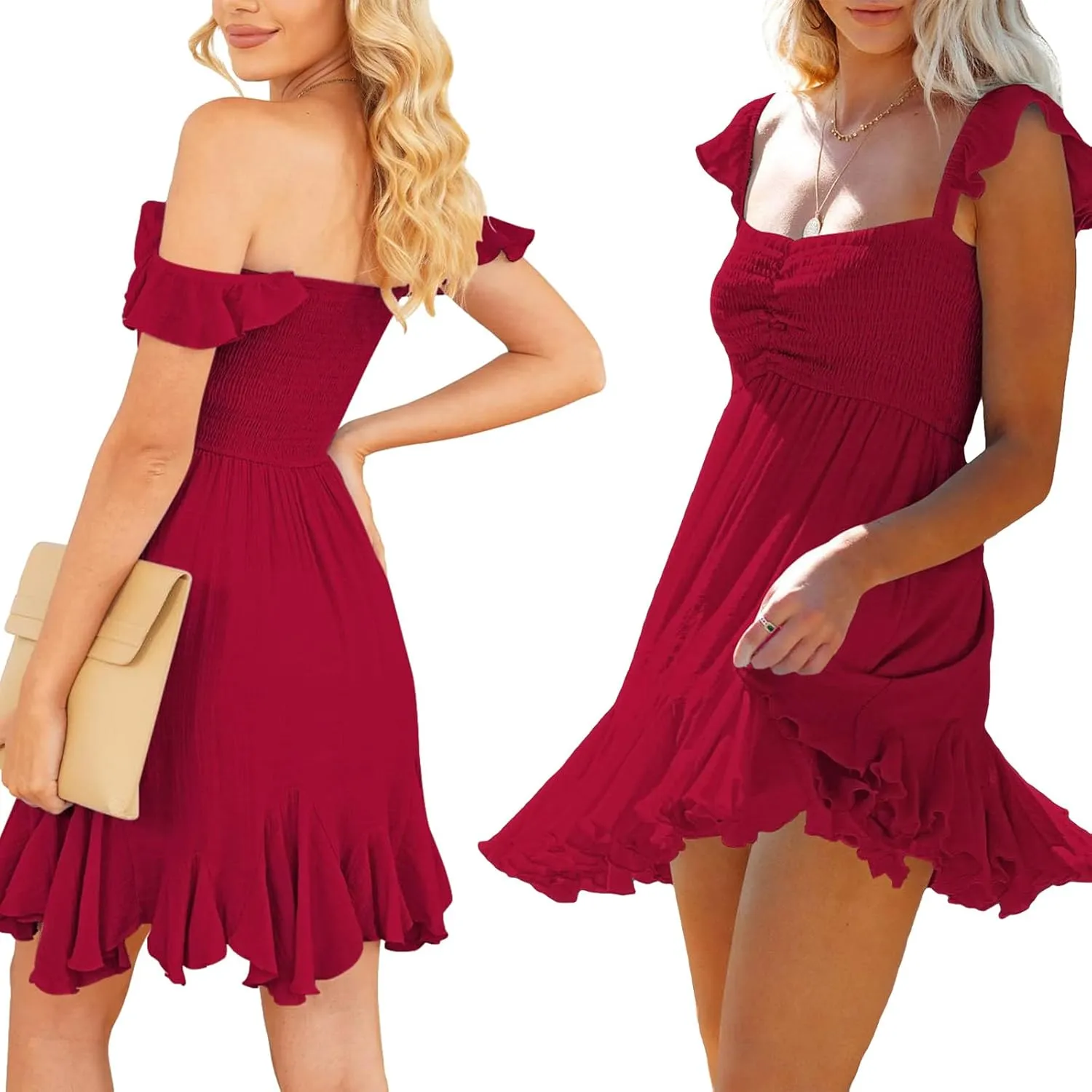 Women Off Shoulder Smocked Mini Dress Sweethear Neck Elastic Straps Ruffle Hem Sundress Ruched Backless Flowy Dress