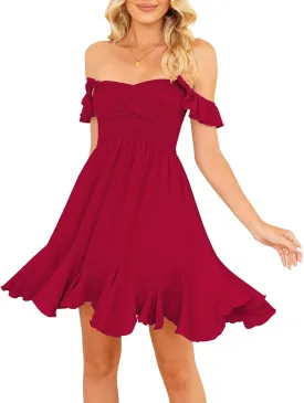 Women Off Shoulder Smocked Mini Dress Sweethear Neck Elastic Straps Ruffle Hem Sundress Ruched Backless Flowy Dress