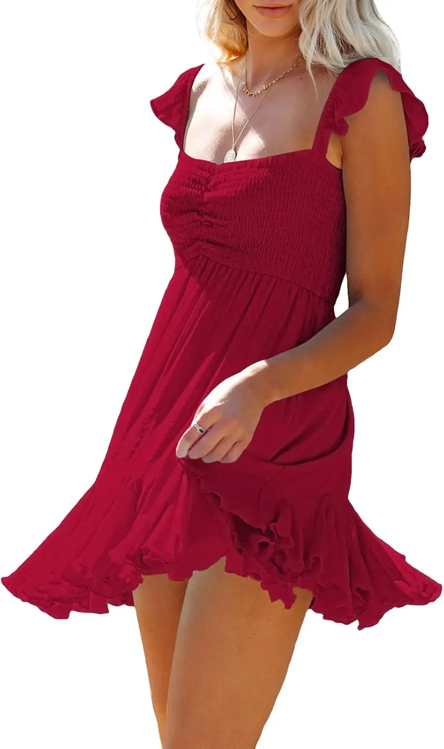 Women Off Shoulder Smocked Mini Dress Sweethear Neck Elastic Straps Ruffle Hem Sundress Ruched Backless Flowy Dress