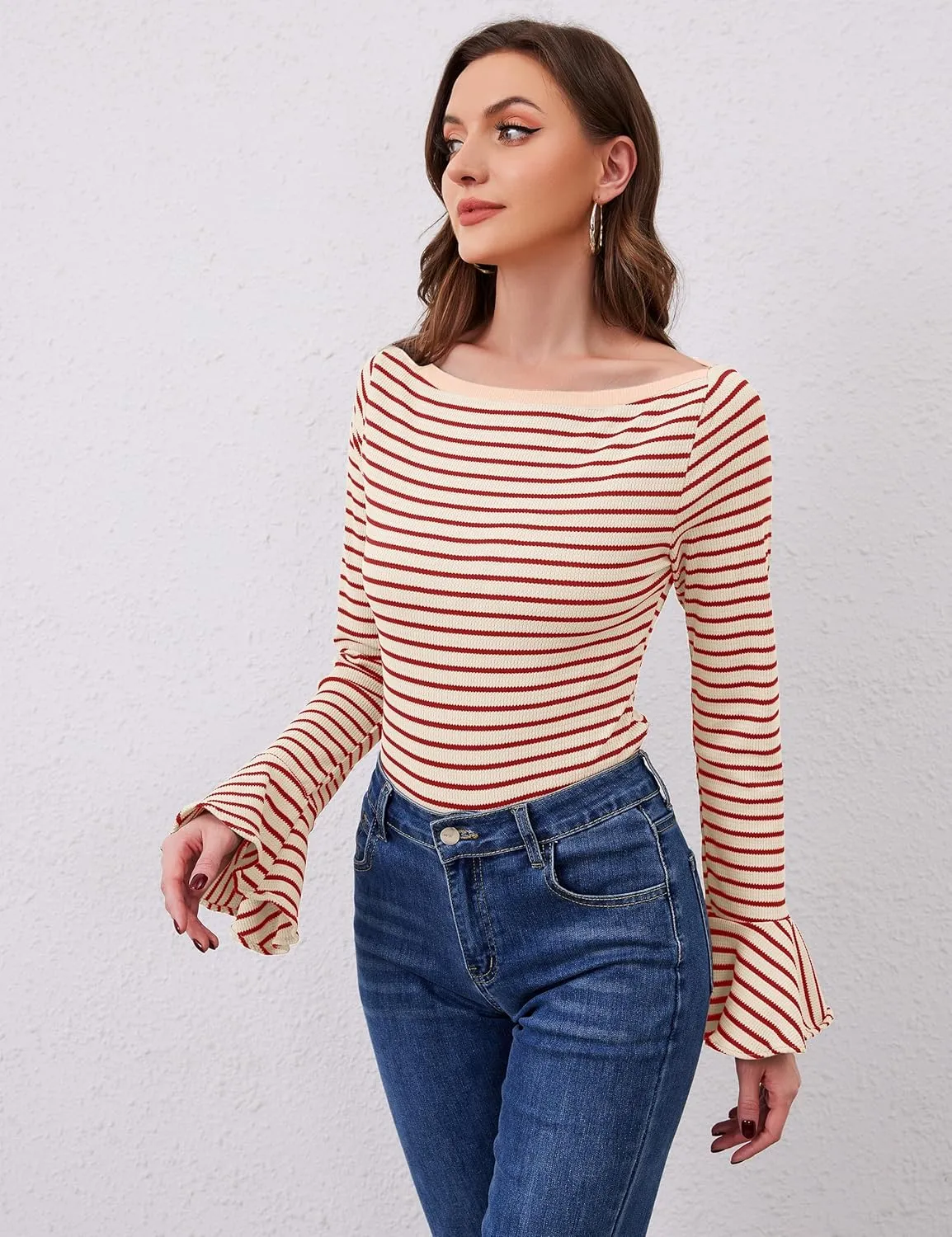 Women Striped Off Shoulder Shirts Y2k Sexy Bell Long Sleeve T-Shirt Slim Fit Ruffle Tirm Knitted Tee Tops