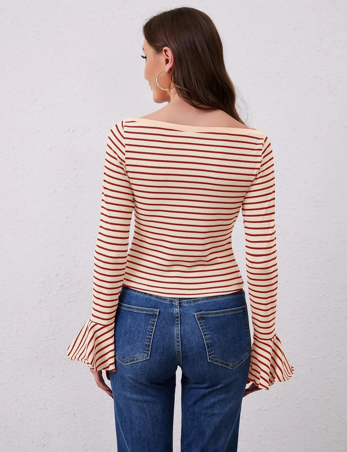 Women Striped Off Shoulder Shirts Y2k Sexy Bell Long Sleeve T-Shirt Slim Fit Ruffle Tirm Knitted Tee Tops