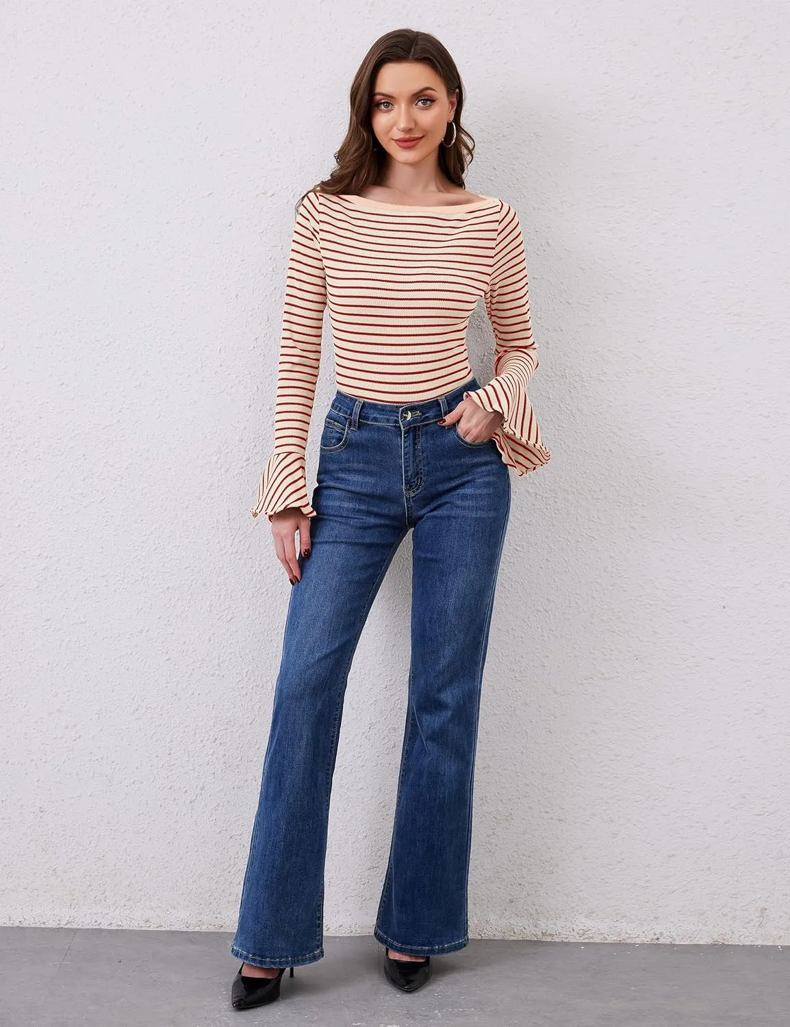 Women Striped Off Shoulder Shirts Y2k Sexy Bell Long Sleeve T-Shirt Slim Fit Ruffle Tirm Knitted Tee Tops