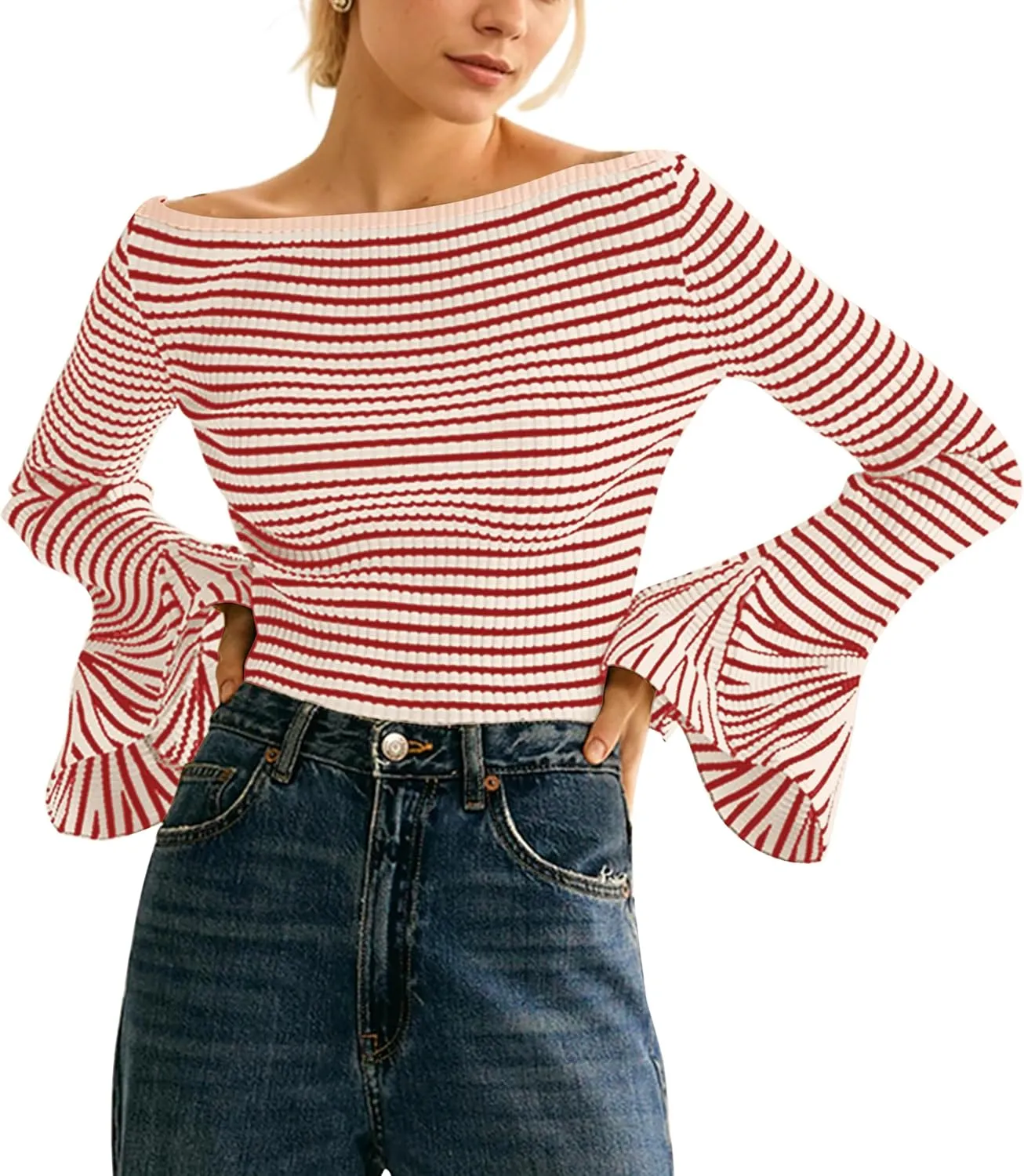 Women Striped Off Shoulder Shirts Y2k Sexy Bell Long Sleeve T-Shirt Slim Fit Ruffle Tirm Knitted Tee Tops