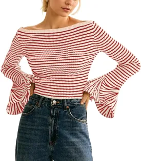 Women Striped Off Shoulder Shirts Y2k Sexy Bell Long Sleeve T-Shirt Slim Fit Ruffle Tirm Knitted Tee Tops