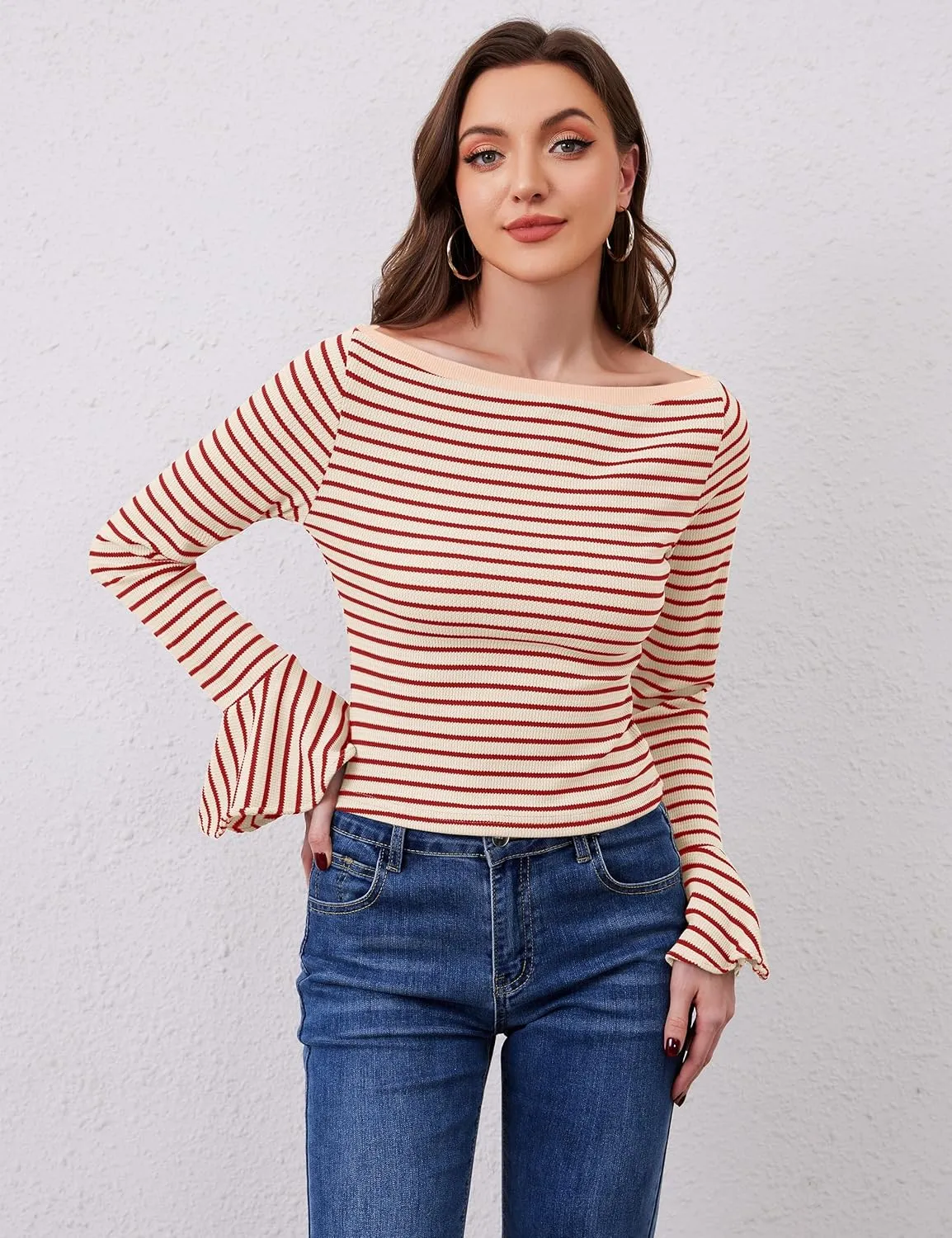 Women Striped Off Shoulder Shirts Y2k Sexy Bell Long Sleeve T-Shirt Slim Fit Ruffle Tirm Knitted Tee Tops