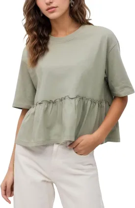 Women Summer Short Sleeve T-Shirts Oversized Dressy Casual Work Blouses Cropped Cute Ruffle Babydoll Peplum Tops