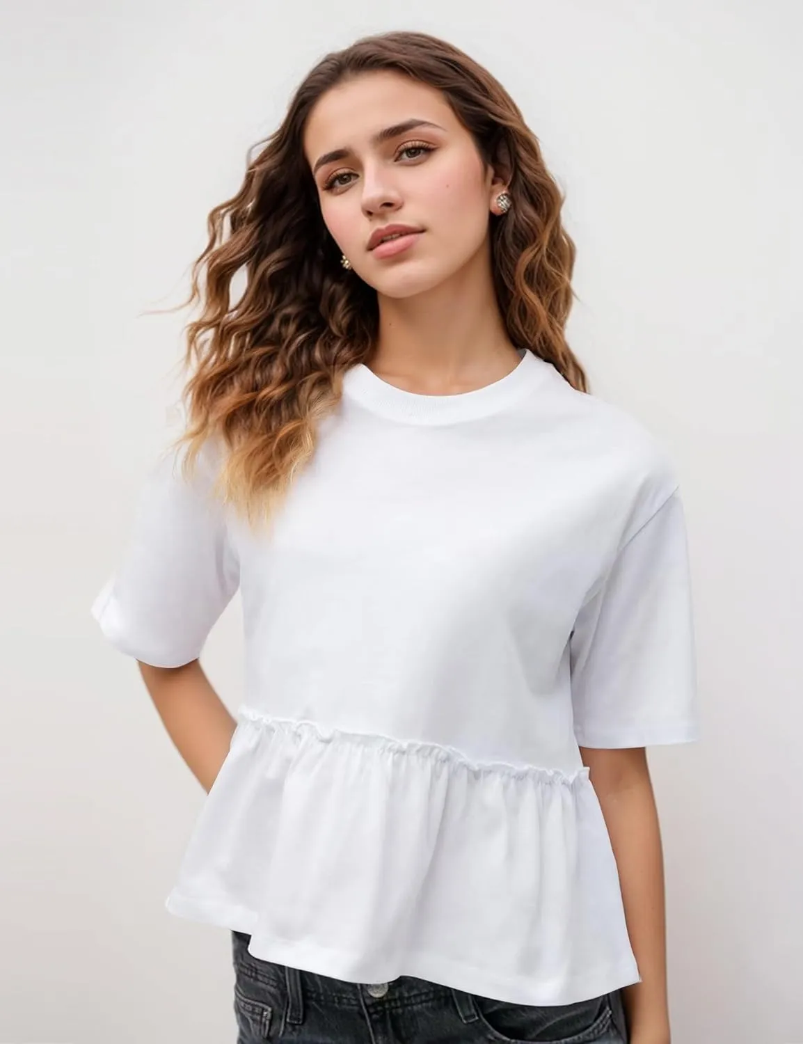 Women Summer Short Sleeve T-Shirts Oversized Dressy Casual Work Blouses Cropped Cute Ruffle Babydoll Peplum Tops