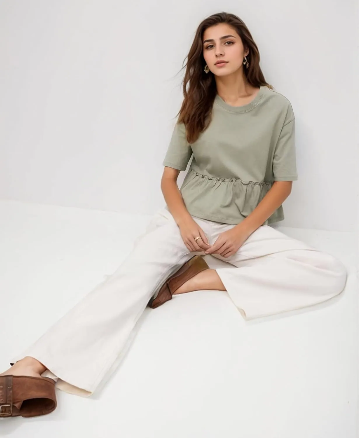 Women Summer Short Sleeve T-Shirts Oversized Dressy Casual Work Blouses Cropped Cute Ruffle Babydoll Peplum Tops
