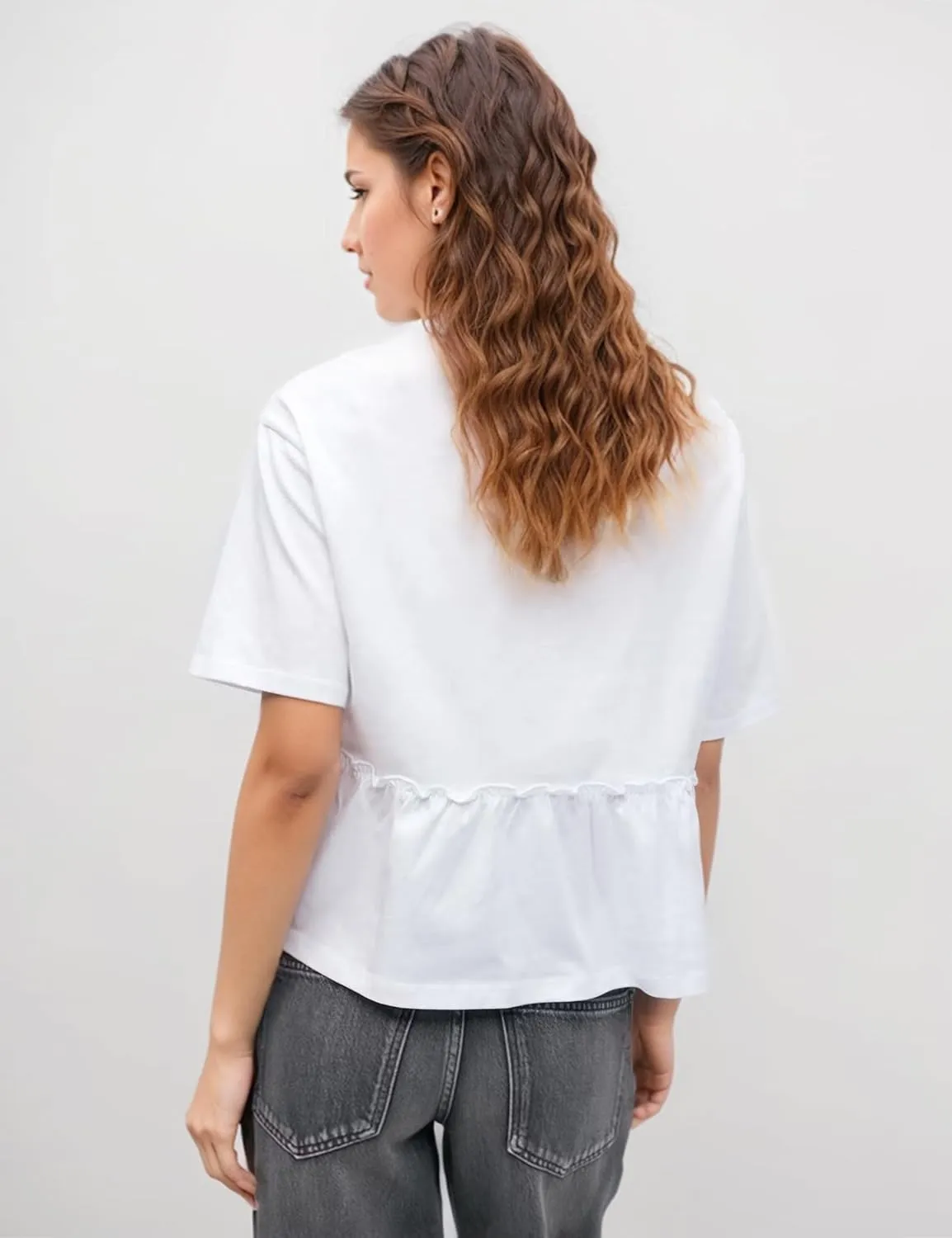 Women Summer Short Sleeve T-Shirts Oversized Dressy Casual Work Blouses Cropped Cute Ruffle Babydoll Peplum Tops