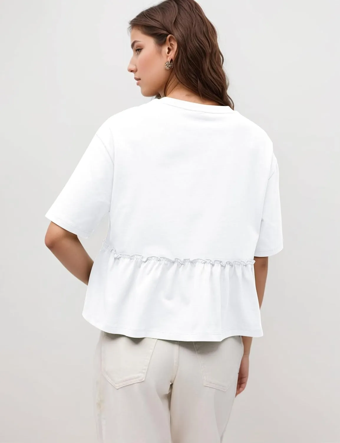 Women Summer Short Sleeve T-Shirts Oversized Dressy Casual Work Blouses Cropped Cute Ruffle Babydoll Peplum Tops
