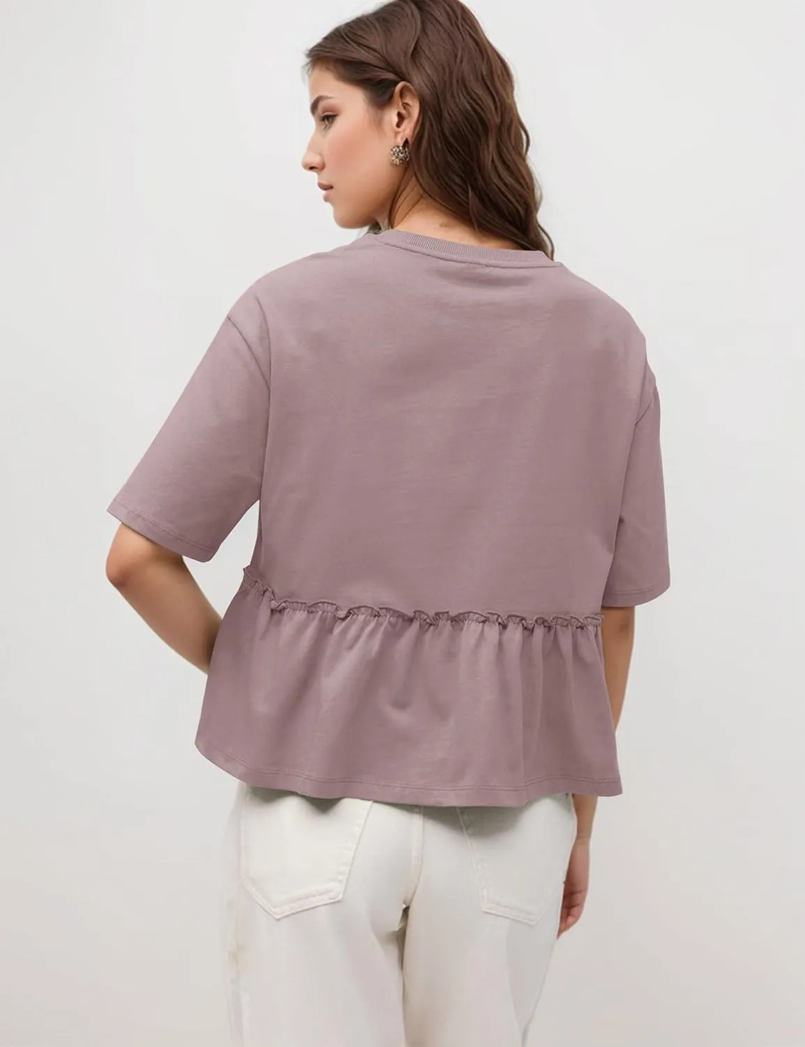 Women Summer Short Sleeve T-Shirts Oversized Dressy Casual Work Blouses Cropped Cute Ruffle Babydoll Peplum Tops