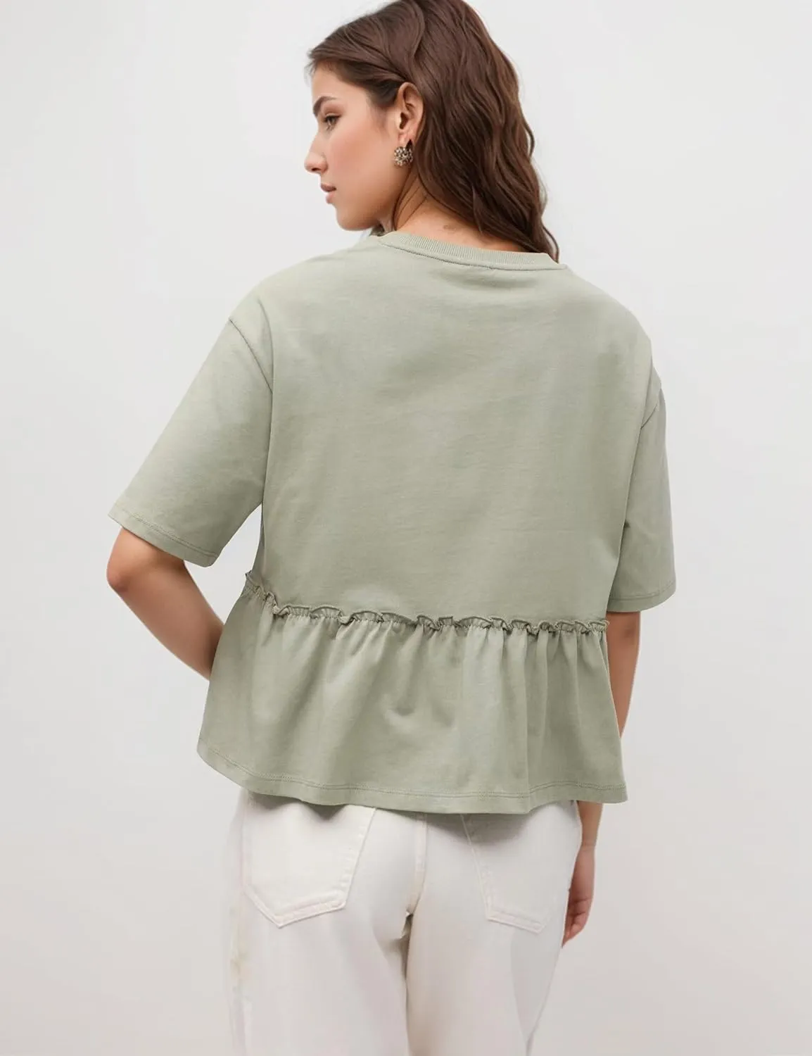Women Summer Short Sleeve T-Shirts Oversized Dressy Casual Work Blouses Cropped Cute Ruffle Babydoll Peplum Tops