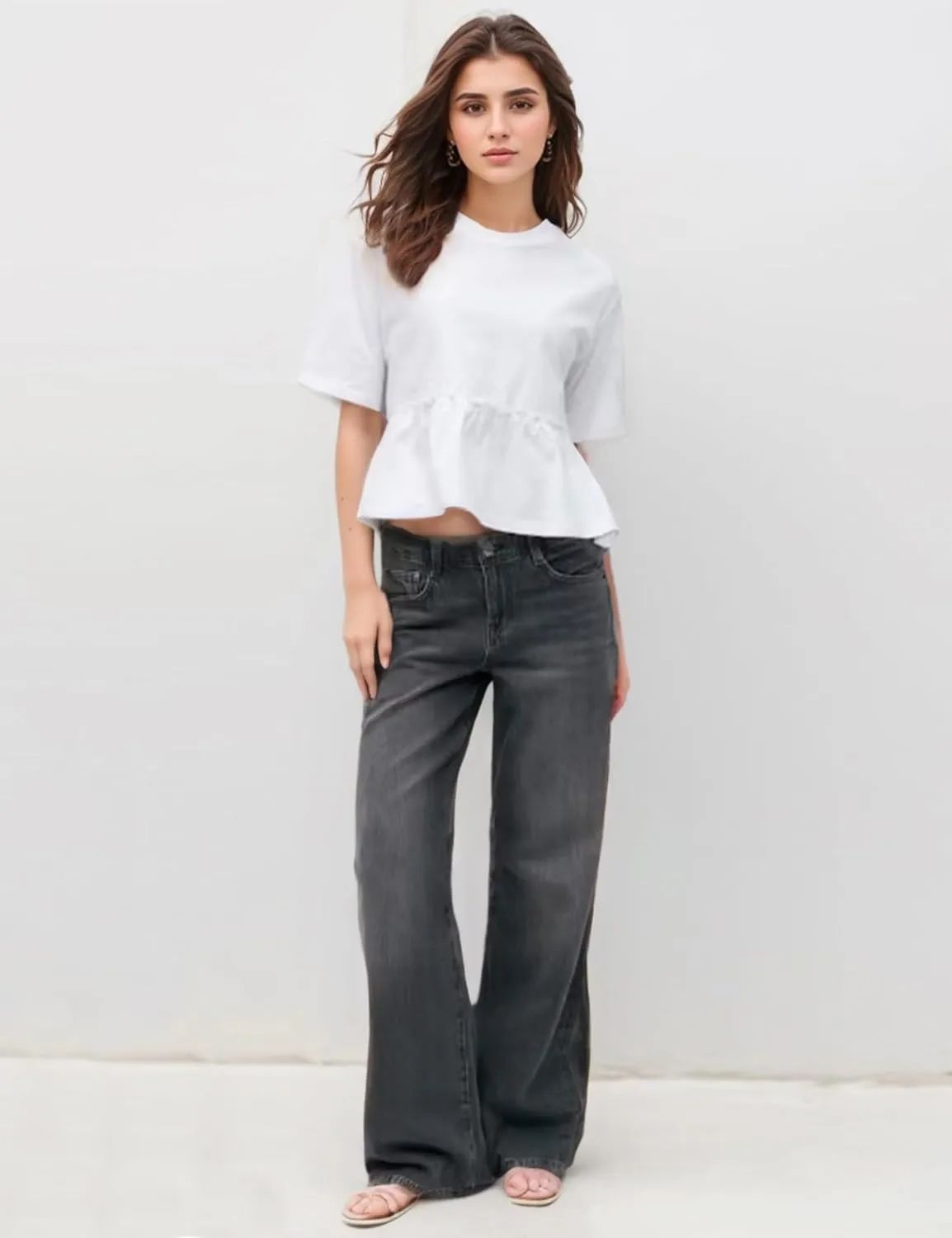 Women Summer Short Sleeve T-Shirts Oversized Dressy Casual Work Blouses Cropped Cute Ruffle Babydoll Peplum Tops