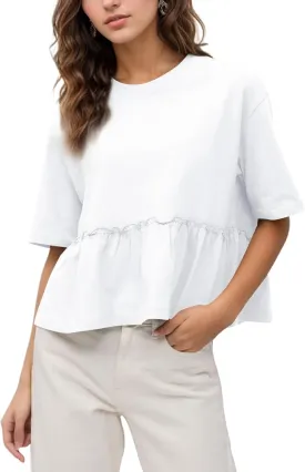Women Summer Short Sleeve T-Shirts Oversized Dressy Casual Work Blouses Cropped Cute Ruffle Babydoll Peplum Tops