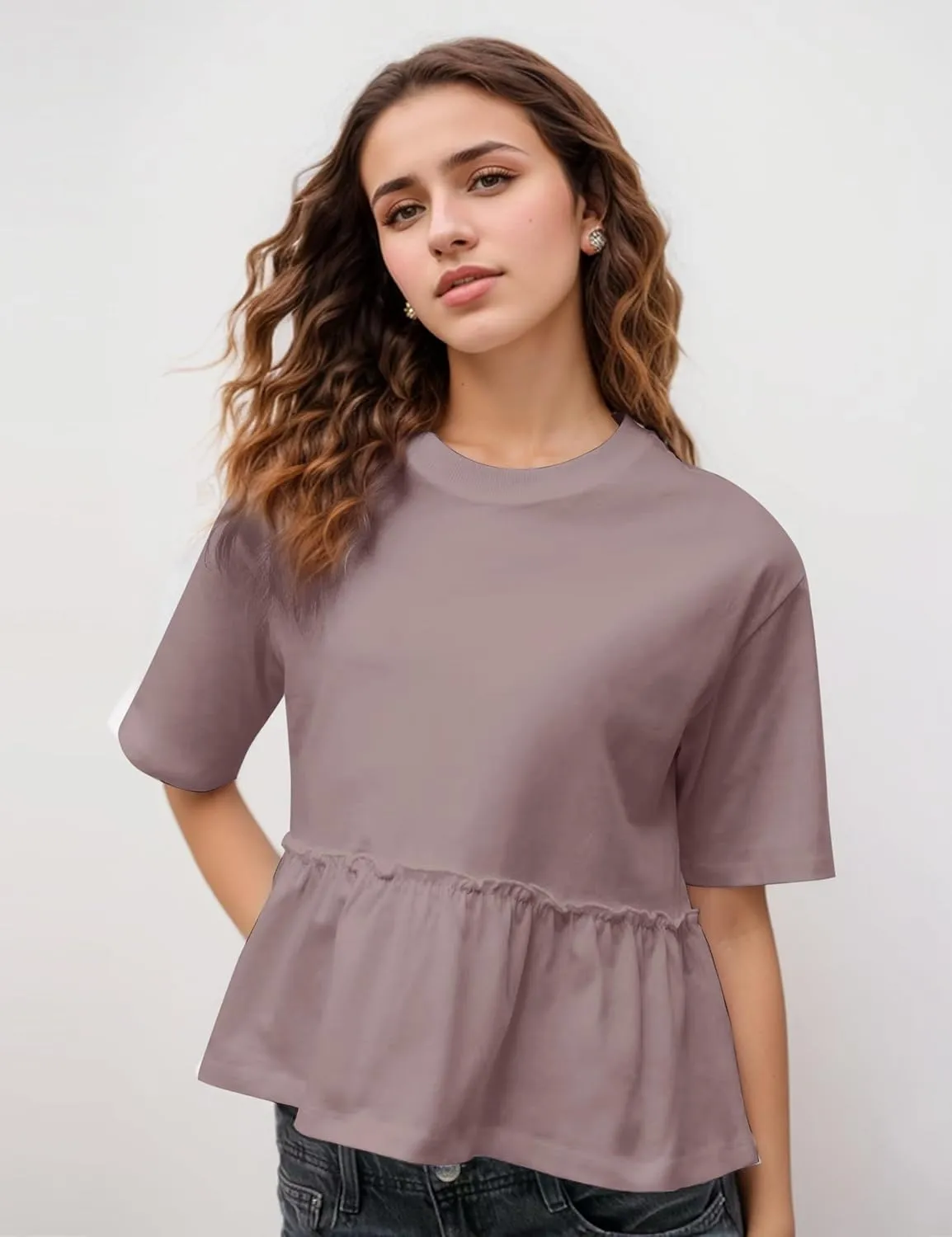 Women Summer Short Sleeve T-Shirts Oversized Dressy Casual Work Blouses Cropped Cute Ruffle Babydoll Peplum Tops