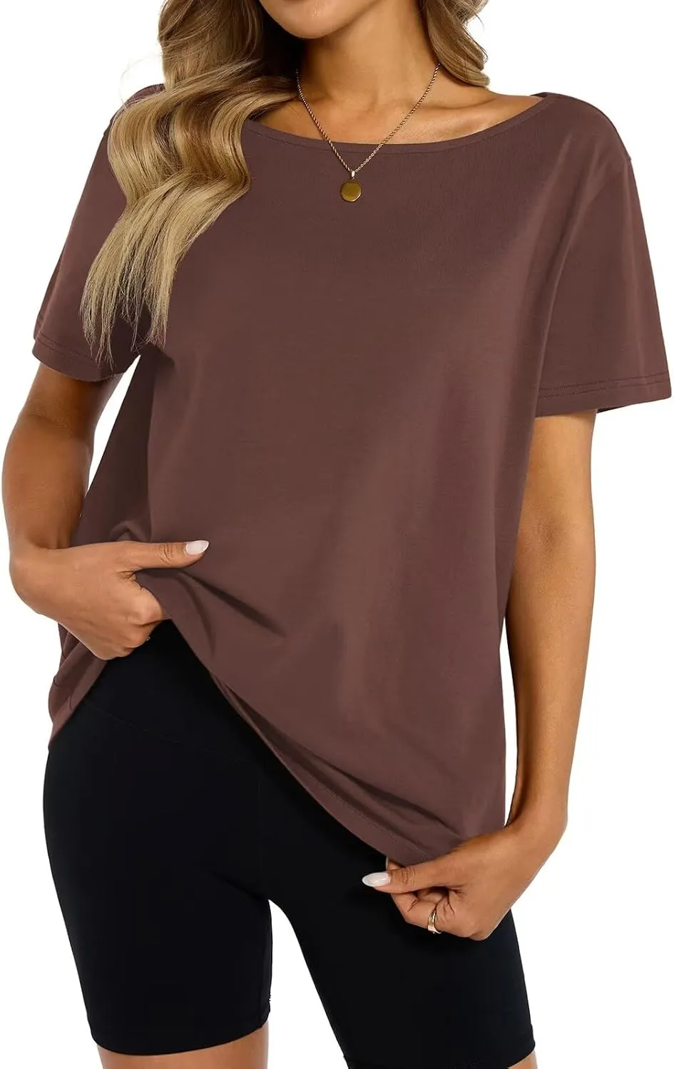 Womens Cotton Oversized Tshirts Boat Neck Off Shoulder Short Sleeve Tops Loose Fit Summer Streetwear Clothes