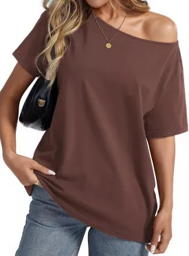 Womens Cotton Oversized Tshirts Boat Neck Off Shoulder Short Sleeve Tops Loose Fit Summer Streetwear Clothes