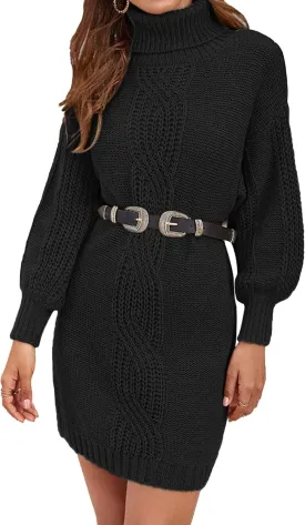 Womens Fall Ladies Dressy Casual Chunky Turtleneck Cable Knit Sweater Dress 2024