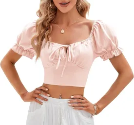 Womens Puff Short Sleeve Crop Tops Square Neck Ruched Front Bow Tie Shirts Cute Summer Vocation Beach Blouse