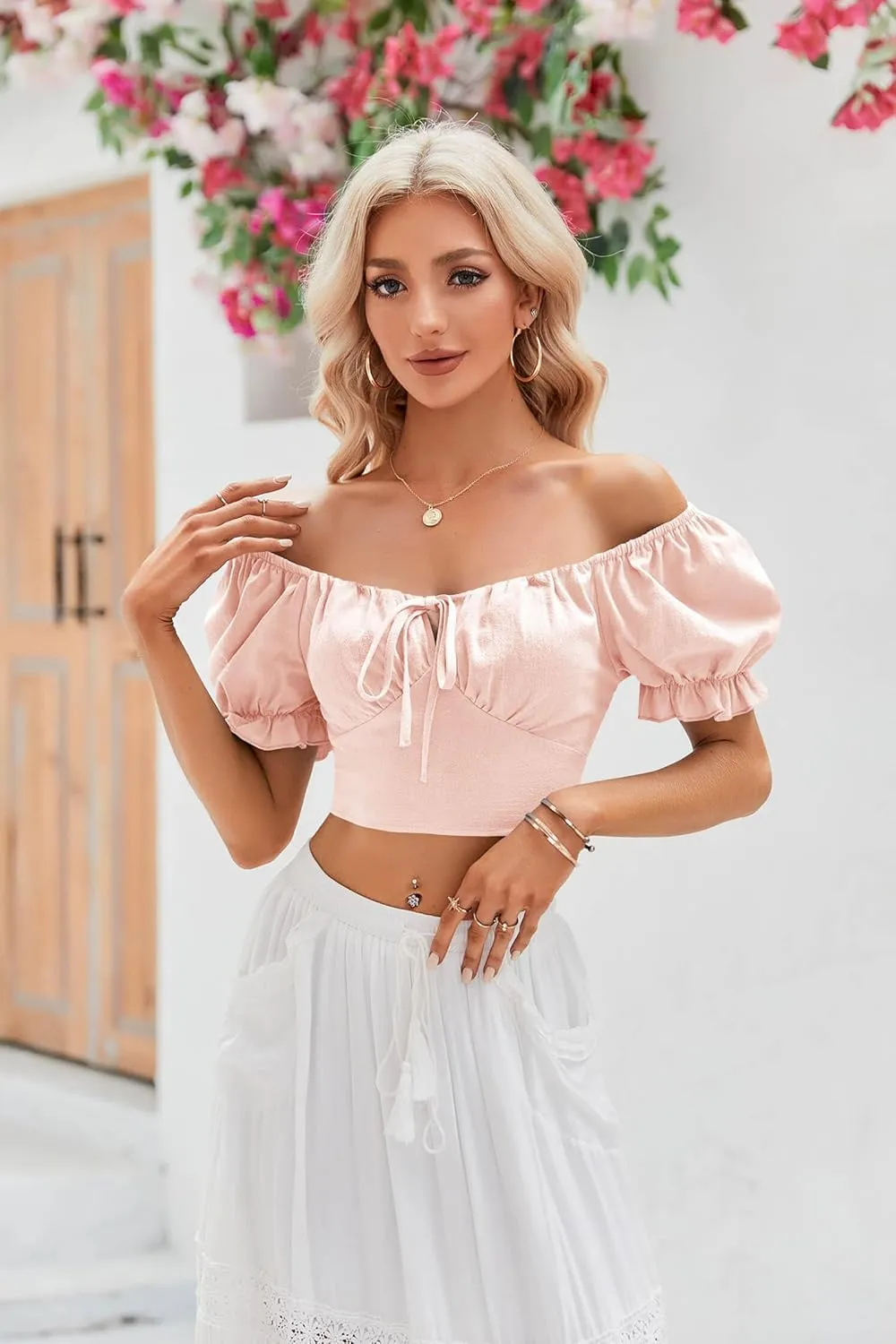 Womens Puff Short Sleeve Crop Tops Square Neck Ruched Front Bow Tie Shirts Cute Summer Vocation Beach Blouse