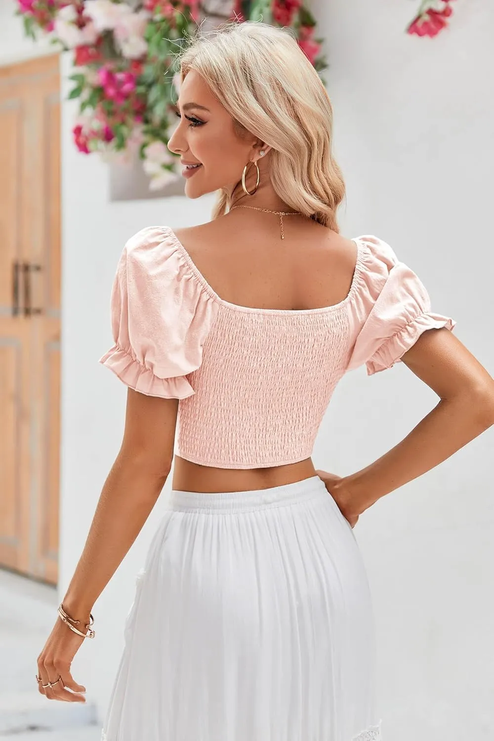 Womens Puff Short Sleeve Crop Tops Square Neck Ruched Front Bow Tie Shirts Cute Summer Vocation Beach Blouse