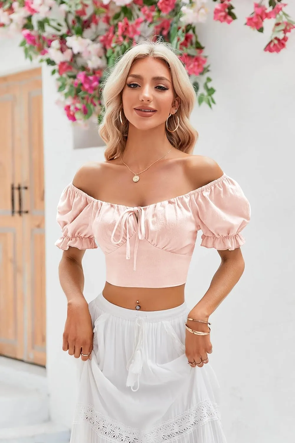 Womens Puff Short Sleeve Crop Tops Square Neck Ruched Front Bow Tie Shirts Cute Summer Vocation Beach Blouse