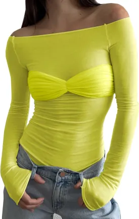 Women's Sexy Crop Top Long Sleeve Off Shoulder Going Out Tops Slim Fit Mesh Ruched Twisted Blouse Y2K T Shirt