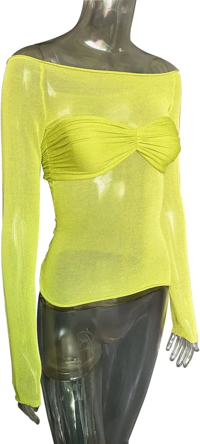 Women's Sexy Crop Top Long Sleeve Off Shoulder Going Out Tops Slim Fit Mesh Ruched Twisted Blouse Y2K T Shirt