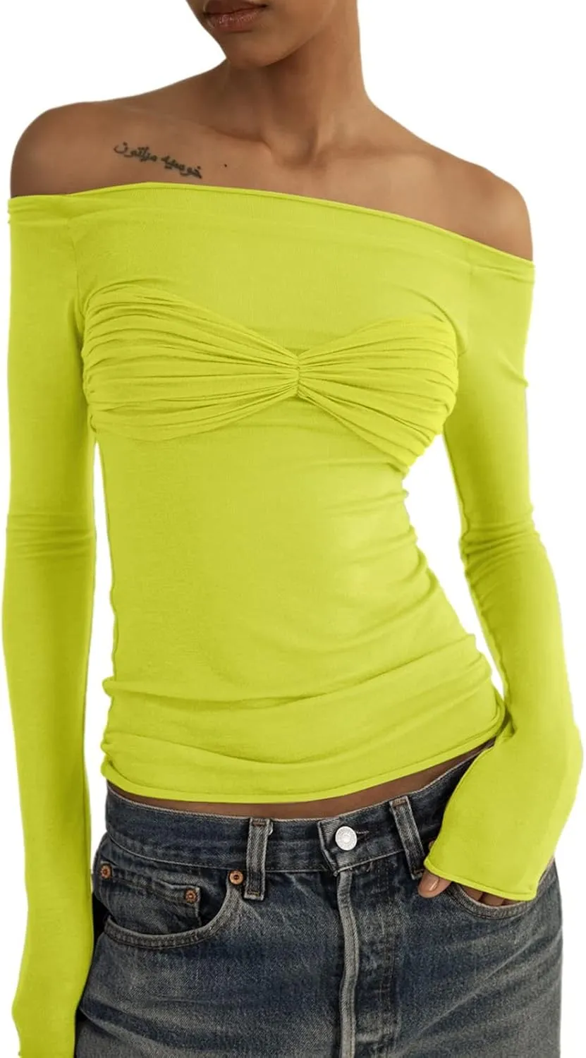 Women's Sexy Crop Top Long Sleeve Off Shoulder Going Out Tops Slim Fit Mesh Ruched Twisted Blouse Y2K T Shirt