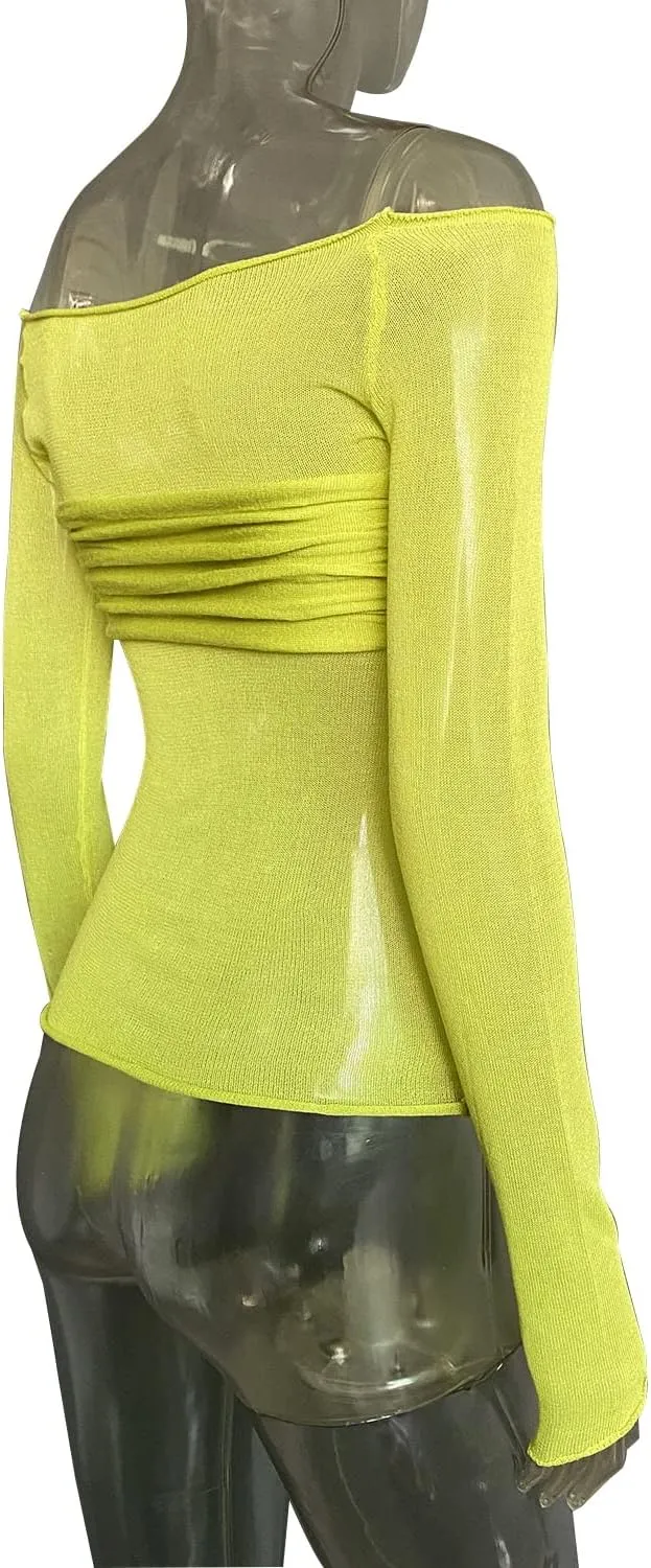 Women's Sexy Crop Top Long Sleeve Off Shoulder Going Out Tops Slim Fit Mesh Ruched Twisted Blouse Y2K T Shirt