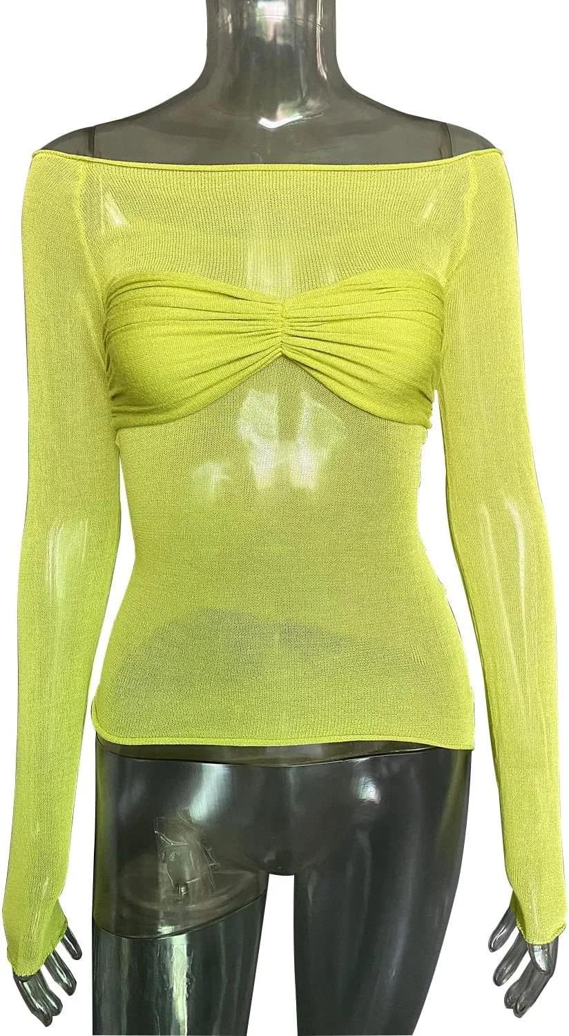 Women's Sexy Crop Top Long Sleeve Off Shoulder Going Out Tops Slim Fit Mesh Ruched Twisted Blouse Y2K T Shirt